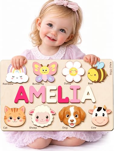 KALOTOYS Personalized Name Puzzle for Girls 1-3, Custom Wooden Animal