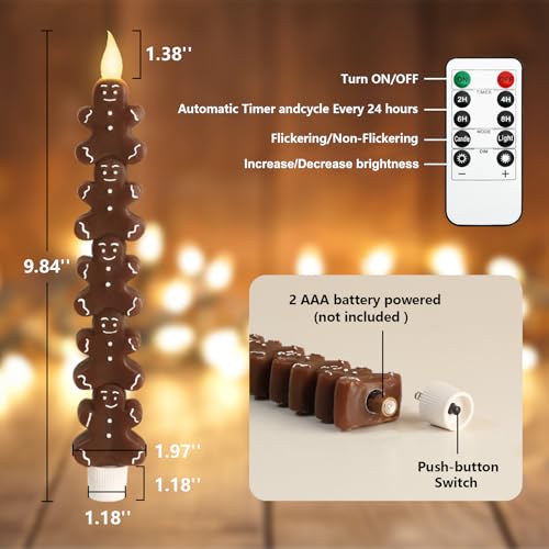 Image of Crystal Club Christmas Flameless Taper Candles with Remote, Carving Gingerbread Men Battery Operated Flickering LED Candlesticks for Holiday Party Decor, Table Centerpiece, Set of 2