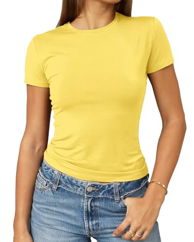 Abardsion Women's Casual Basic Going Out Crop Tops Slim Fit Short Sleeve Crew Neck Tight T Shirts 2026 (Yellow, M)