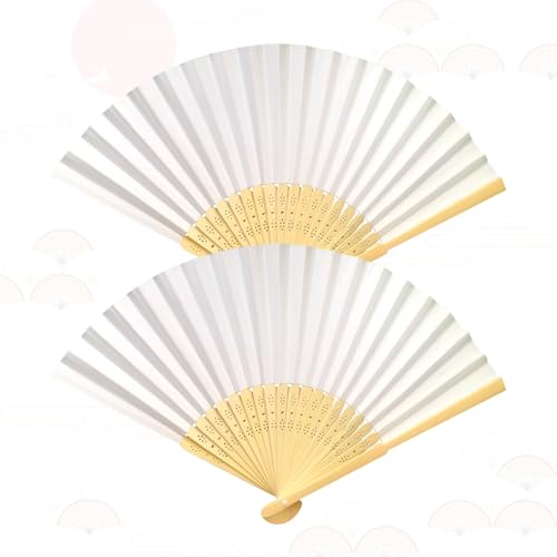 2 Pack White Hand Fan Folding,Chinese Handheld Foldable Manual Round Hold Paper Fans Large Women Personalised,for Festival Wedding Church Preference Ballet Dance Performance Dancing Home Decoration