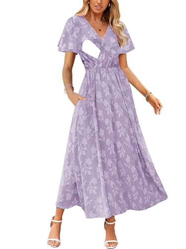 CzzzyL 2026 Fashion Women's Summer Nursing Dress V Neck Short Sleeve A-Line Breastfeeding Dresses with Pockets with Pockets Lightpurple X-Large