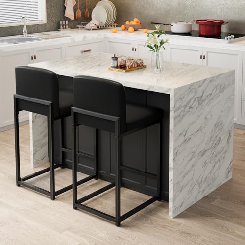 GarveeHome Bar Stools Set of 2, Modern Counter Height Bar Stools with Back and Footrest, Faux Leather Upholstered Barstools Chairs for Kitchen Island Dining Room Bar, Black Black 2PCS