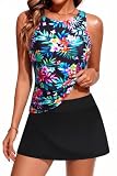 Daci Womens Colorful Floral Tankini Swimsuits with Skirt - Two Piece Tummy Control Bathing Suits High Neck Swimwear L