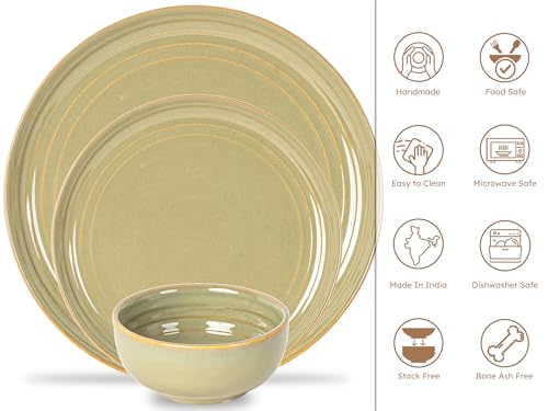 Image of Bodhi House Handcrafted Chip Resistance Porcelain Dinner Set, 18 Pieces Dish Set Serving for 6, Microwave and Dishwasher Safe, Bone-ash Free, Crockery Set for Dining and Gifting, Olive Green