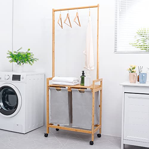 Homde Laundry Basket,Bamboo Laundry Sorter Cart Rolling With Clothes Hanging Rod, 2 Section Laundry Hamper With Wheels, Removable Sliding Bags, Utility Laundry Storage Organizer For Bathroom #TOP6