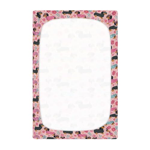 Image of Crib Sheet Breathable Soft Crib Mattress Sheet for Baby Toddler Boys Girls Fitted Crib Sheet Fit Standard Crib Mattress 52 x 28 Inch Cute Dachshunds Flowers Pink
