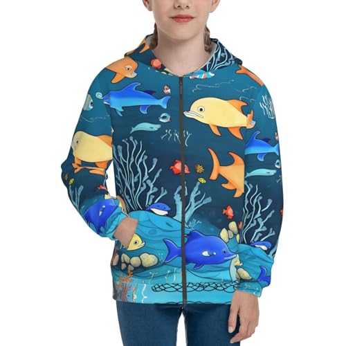 Small Blue underwater world of fish Print Girls Athletic Zip Up Hoodies,Sweatshirts with Pockets Long Sleeve Hooded Jackets, for 7-18 Y2