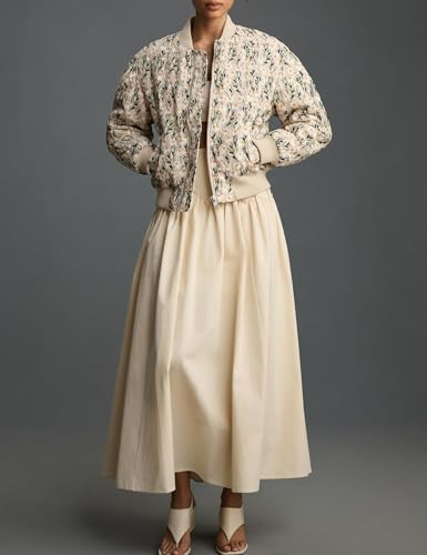 Women’s Floral Bomber Jacket Cropped Zipper Down Long Sleeve Daisy Padded Coat Outwear with Pockets3