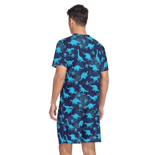 Men's Short Sleeve Pajama Set Cute Dinosaurs Blue Summer Pjs Set 2 Piece Loungewear Sleepwear with Pockets2