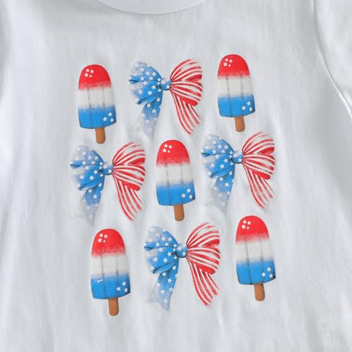 Image of Kids Toddler Girls 4th of July T-Shirt Short Sleeve Patriotic Coquette Bow American Flag Independence Day Top
