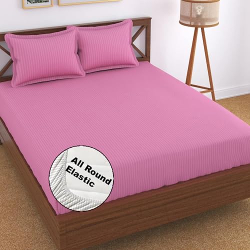 FRESH FROM LOOM 240 TC Satin Striped Elastic Fitted Bed Sheets|Bed Covers for Mattresses Tuck in|Soft Fitted King Size Bed with Two Pillow Cover (Size - 78 x 72 Inches, Fits up to 10 Inch, Pink)