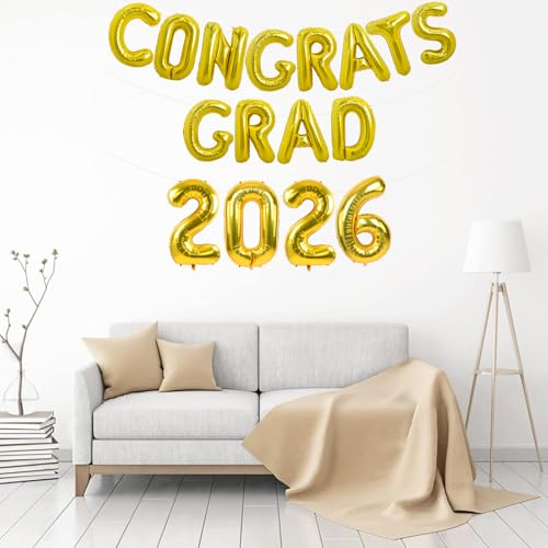 Image of TONIFUL Graduation Balloons 16 Inch Gold Congrats Grad Balloons 16 Inch Gold 2026 Number Foil Balloons for 2026 Graduation Party Graduate Congratulations 2026 Congrats Grad Decorations