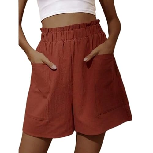 Kenhansion Women's Cotton Linen Shorts Fashion Smocked Waist Wide Leg Casual Straight Short Beach Lounge Bottoms with Pocket (Orange,Large)