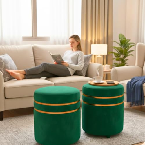 Image of Decorative Ottoman Pouffes for Sitting - Two-Piece Set of Puffy Stools and Footstools - Round Ottoman Stool for Living Room Furniture (Green)