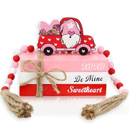Finphoon Valentines Day Decor,Valentines Day Tiered Tray Decor,Valentine's Day Wooden Books Stack with Be Mine XOXO Sweetheart Valentines Sign for the Home, Coffee Table,Mantel, Shelf