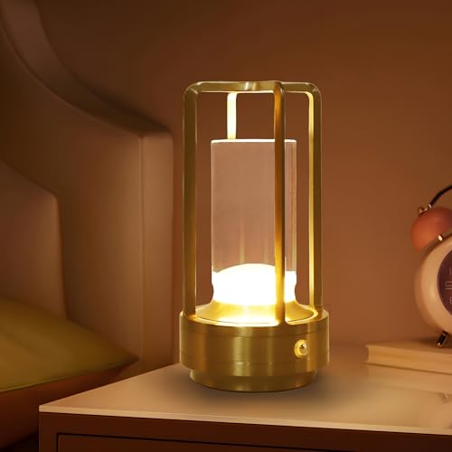 MEKOTRIN Rechargeable Cordless Table Lamp, Portable Bedside Lamp Night Light with Touch Control, 3 Color Modes & Stepless Dimming, Battery Operated Powered Light for Bedroom Indoor Outdoor, Gold