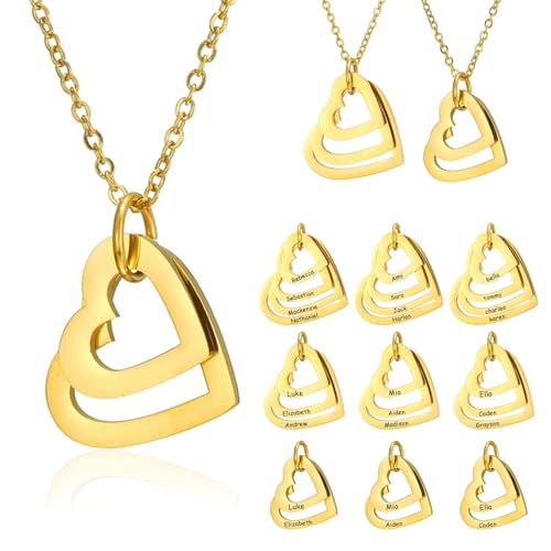 Urijk Gold Personalised Two Hearts Pendant Necklace for Women Custom Two Heart Engraved Necklace for Mum Grandma Double Heart Necklace Personalised Gifts-Customised Engraved 2 Family Names Necklaces