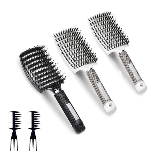 Brosse Poil de Sanglier, Brosse à Cheveux Demelante, Brosses à Cheveux en Poils de Sanglier, Incurvée Ventilée pour Cheveux, Outils de Coiffure pour démêlage de cheveux épais (2 Pièces)