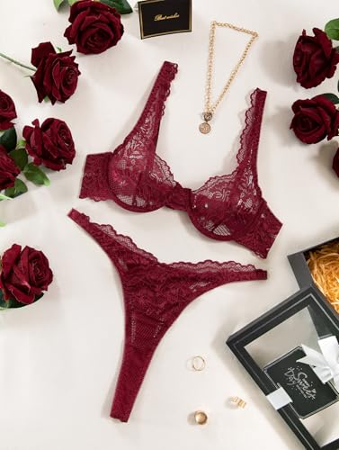 Image of Lilosy Sexy Floral Lace Scallop Underwire Push Up Sheer Lingerie Set Outfits