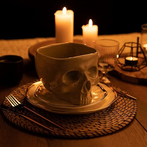 Fecheche Food Safe Skull Bowl for Eating Ceramic Skull Shaped Bowl for Cereal Pasta & Ice Cream Gothic Tabletop Skeleton Head Shaped Decor (small)