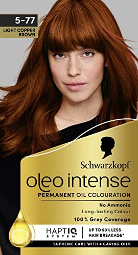 Schwarzkopf Oleo Intense Permanent Oil Color 5-77 Tinte Capilar Marrón Cobrizo Claro, Cobertura 100% de Canas, Acondicionador con Sistema HaptIQ, Color de Larga Duración, Sin Amoniaco