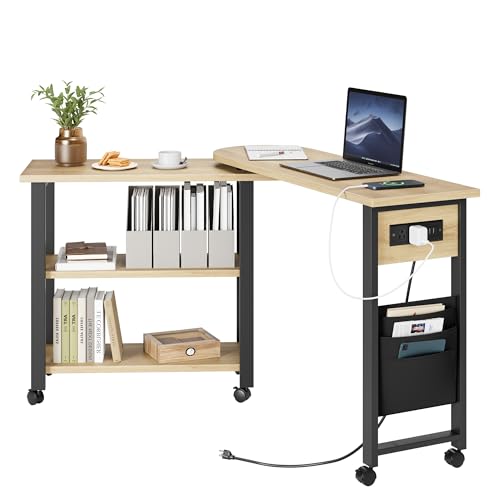 GarveeHome Rotating Side Table 360° End Table with Charging Station Swivel Side Table with Extra Storage Bag Movable End Table with 6 Swivel Wheels w