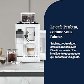 De’Longhi Rivelia - Perfetto Machine à Café Automatique avec LatteCrema Mousseur,16 Boissons Enregistrées, Écran Tactile Couleur, Réservoir à Grains Interchangeables, Blanc (EXAM440.55.W)