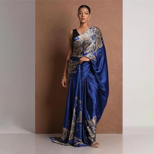 Image of Japan Satin Floral Print Saree for Women with Blouse Piece - Satin Finish Draped Saree