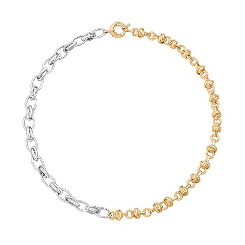 Aobei Pearl Two-tone Chunky Chain Choker for Women 18K Gold Knotted Chain and Silver Oval Link Splicing Necklace Minimalist Layering Jewelry 17”
