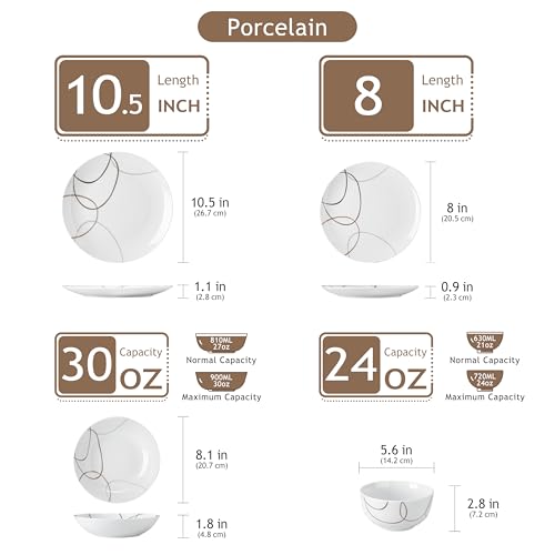 VEWEET-24-Pieces-Dinnerware-Sets-for-6-Porcelain-Plates-and-Bowls-Set-with-Brown-Lines-Classic-Dishes-Set-Dining-Ware-for-Dinner-Microwave-and-Dishwasher-Safe-Series-NIKITA VEWEET 24 Pieces Dinnerware Sets for 6 Porcelain Plates and Bowls Set with Brown Lines Classic Dishes Set Dining Ware for Dinner Microwave and Dishwasher Safe Series NIKITA