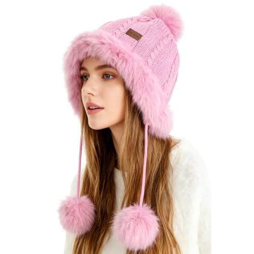 Womens Faux Fur Knitted Hat with Pompom Warm Skull Snow Cap Ear Cover Winter Beanie Hat for Women One Size Pink