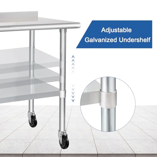 Image of HARDURA Stainless Steel Table 30 x 36 Inches with Wheels Casters NSF Heavy Duty Commercial Prep Table with 2 inch Backsplash and Adjustable Undershelf for Restaurant Kitchen Home and Hotel