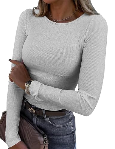 Zeagoo Fall Crop Tops for Women 2025 Scoop Neck Long Sleeve T Shirts Basic Undershirt Light Grey
