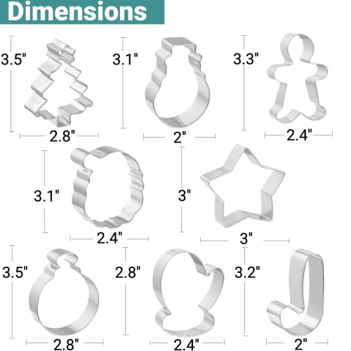JOB JOL Cookie Cutters 8 PCS, Christmas Cookie Cutters, 3\'\' to 3.5\'\', Santa Face, Christmas Tree, Gingerbread Man, Snowman, Candy Cane