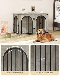 Hzuaneri Dog Crate Furniture, 100 cm Wooden Dog Crate, Indoor Kennel for Small/Medium/Large Dogs, End Side Table Animal Crates, Anti-Chew, Anti-Escape, Arched Door Design, Light Ivory DFC84105B