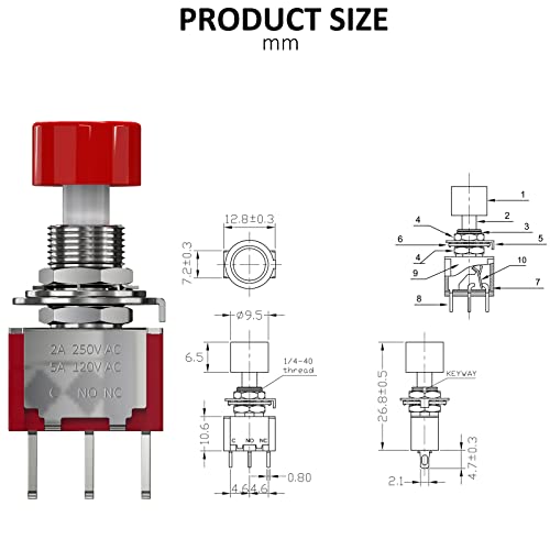Diyhz Ac 2A/250V 5A/120V 3 Pin Momentary Push Button Switch No Nc With Red Cap 5Pcs thumb #2