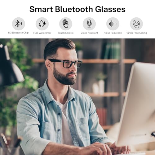 Image of Smart Glasses with Open-Ear Bluetooth Audio & Blue Light Filtering | Build-in Mic & Speakers, Touch & Voice Assistant Compatible - Up to 6 Hrs Battery, Smart Eyewear for Office Driving