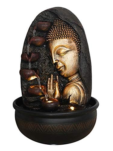 Image of Polyresin Golden Brown Side Face Buddha Table Top Home Decor Indoor 5 Steps Water Fountain with Yellow LED Lights & Water Flow Controller Pump (Size: 41.5 x 25 x 25CM | Weight: 2160grm)
