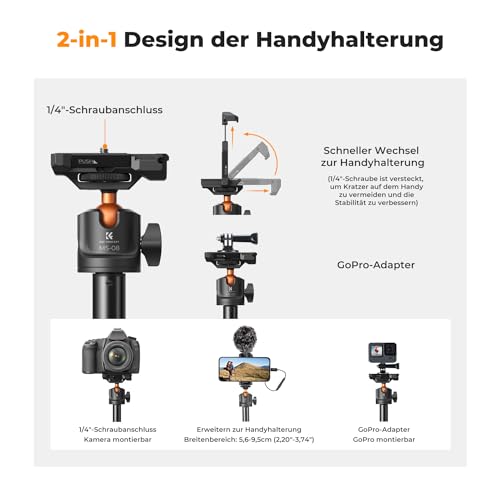 K&F CONCEPT Aluminium Selfie Stick,158CM Handy Stativ für Smartphone – Ansicht 3