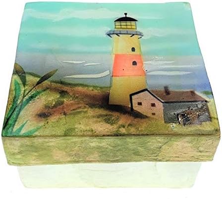 Kubla Craft Red and White Lighthouse Capiz Shell Keepsake Box, 3 Inches Square