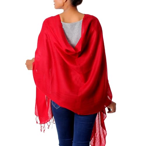 NOVICA Artisan Handmade Wool Shawl Women's Red All Woven from India Accessories Solid 'Valley of Kashmir in Red'3