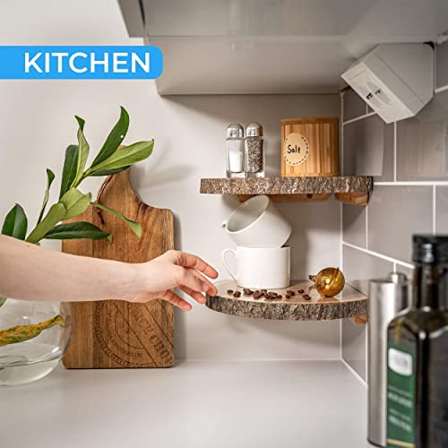 Kitchenmania Corner Wall Shelf,Corner Floating Shelves Set Of 2, Wood Slices With Bark Decorations Style,Wall Mount Storage Display For Bathroom,Kitchen,Living Room Decor,Bedroom,Office,Plant #TOP5