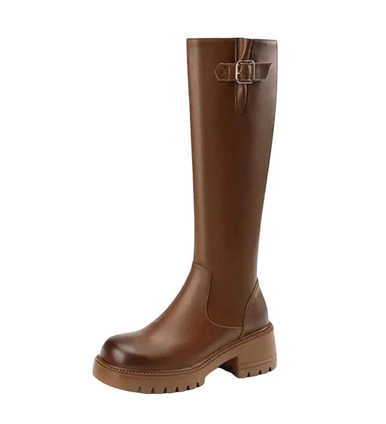 Womens Leather Knee High Boots Belt Buckle Wrinkle Heel Fashion Long Shoes Brown