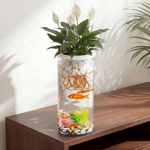 Thenshop 1.87 Gallon Plastic Aquaponic Planter and Aquarium Betta Bowl Fish Aquariums Small Fish Tank with Base and Top Promotes Healthy Hydroponic Environment for Plants (Straight Cylinder)
