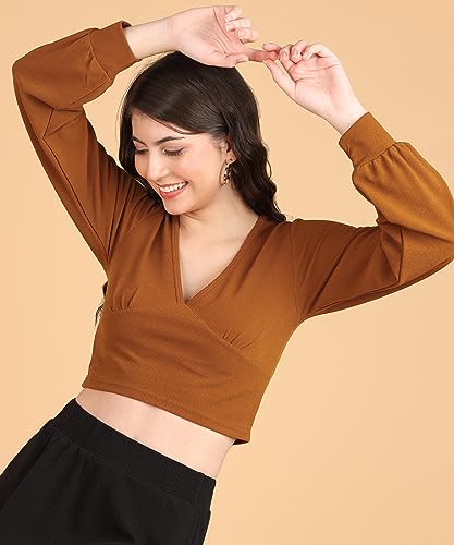 Image of POPWINGS Women Casual Self Design Rust Deep V Neck Full Sleeve Crop Top | Women Tops | Women Regular Tops | Women Tops | Women Stylish Tops