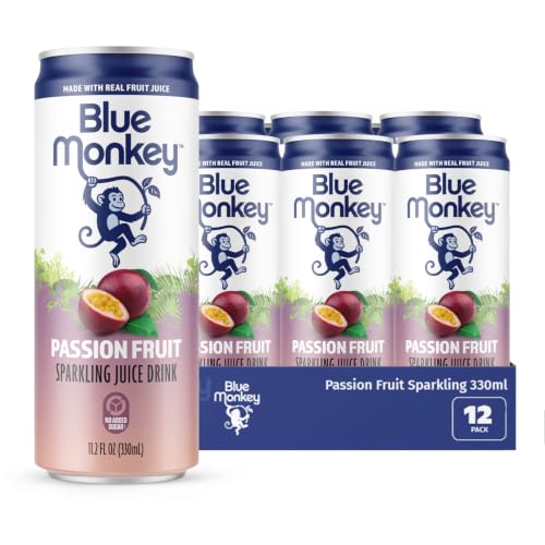 Blue Monkey Sparkling Passion Fruit Juice - Real Fruit Juice, No Sugar Added, All Natural, Lightly Carbonated, Halal Certified - Refreshing Tropical Sparkling Water Alternative - 11.2oz (330ml) 12 Pack