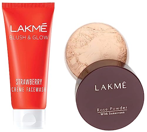 Image of LAKME Strawberry Creme Face Wash, 100g & Lakme Rose Face Powder, Soft Pink, 40g