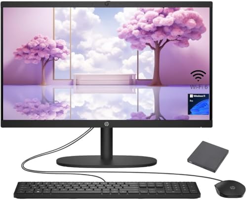 Image of HP 21.45 inch FHD All-in-One PC, Intel N200 Processor, 32GB DDR5 RAM, 1TB PCIe SSD, WiFi, HDMI, Wired Keyboard & Mouse + External 6-in-1 DVD Drive, Windows 11 Pro, Black