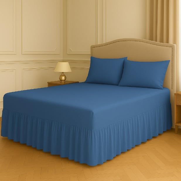 Polycotton Fitted Valance Sheet - Bed Skirt 25cm Deep with 30cm All-Around Frill - Soft Easy Care Wrinkle Resistant Base Cover - Secure Fit Bedding Valance (Mid Blue, King)