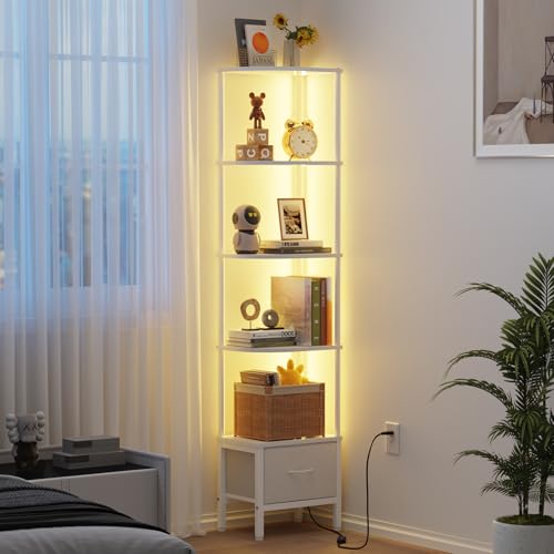OYRREU Librería de Esquina con Cajón y Luz LED, Estantería Alta de 5 Baldas (172 cm), Estrecha para Salón o Dormitorio, Cajón de Tela, Blanco